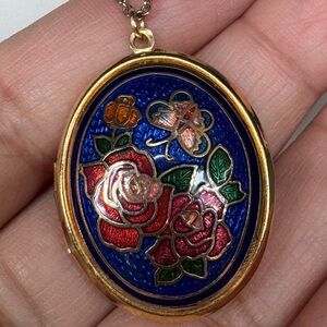 Cloisonné floral locket necklace
